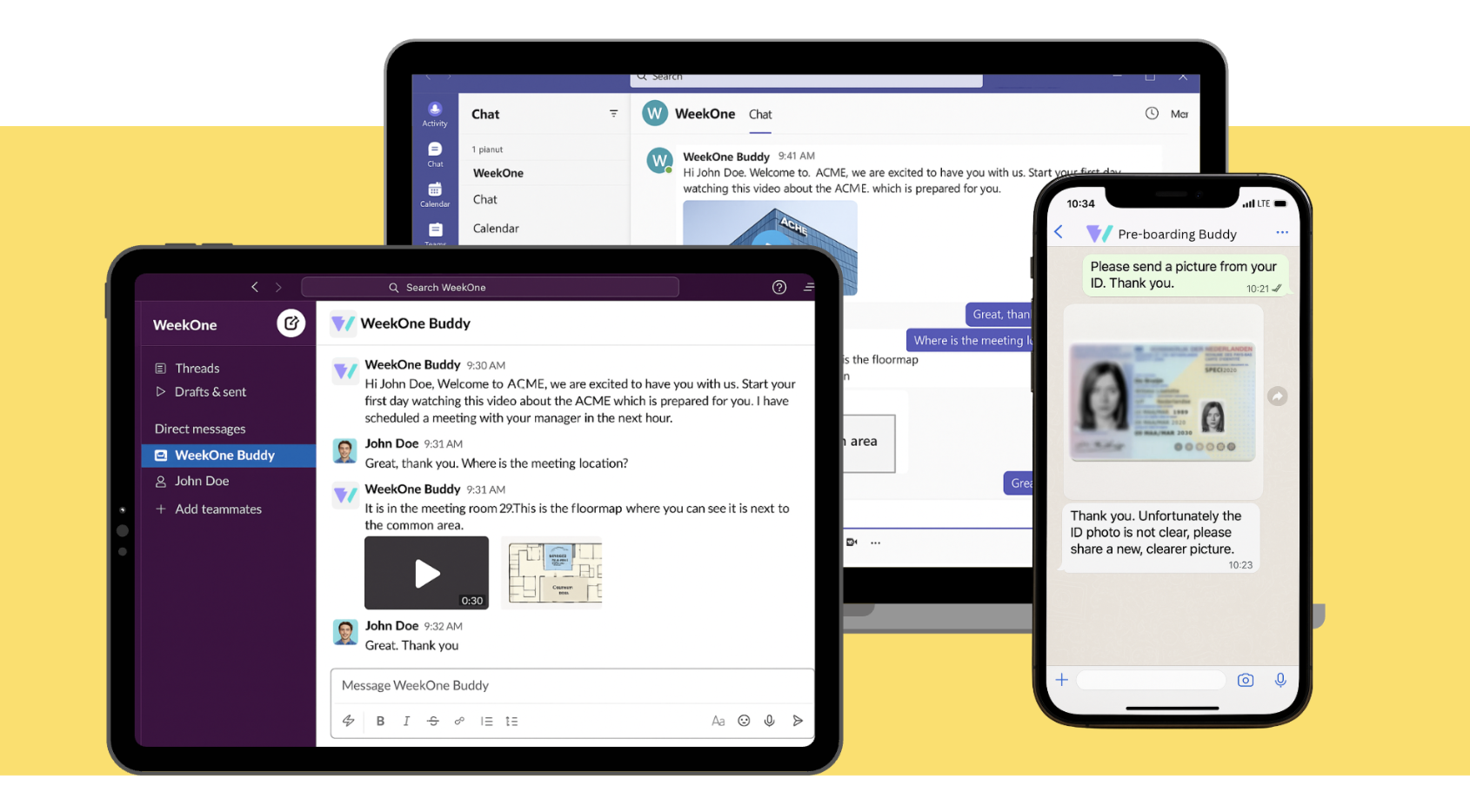 واجهة WeekOne Buddy عبر أجهزة متعددة تعرض محادثات التأهيل المدعومة بالذكاء الاصطناعي